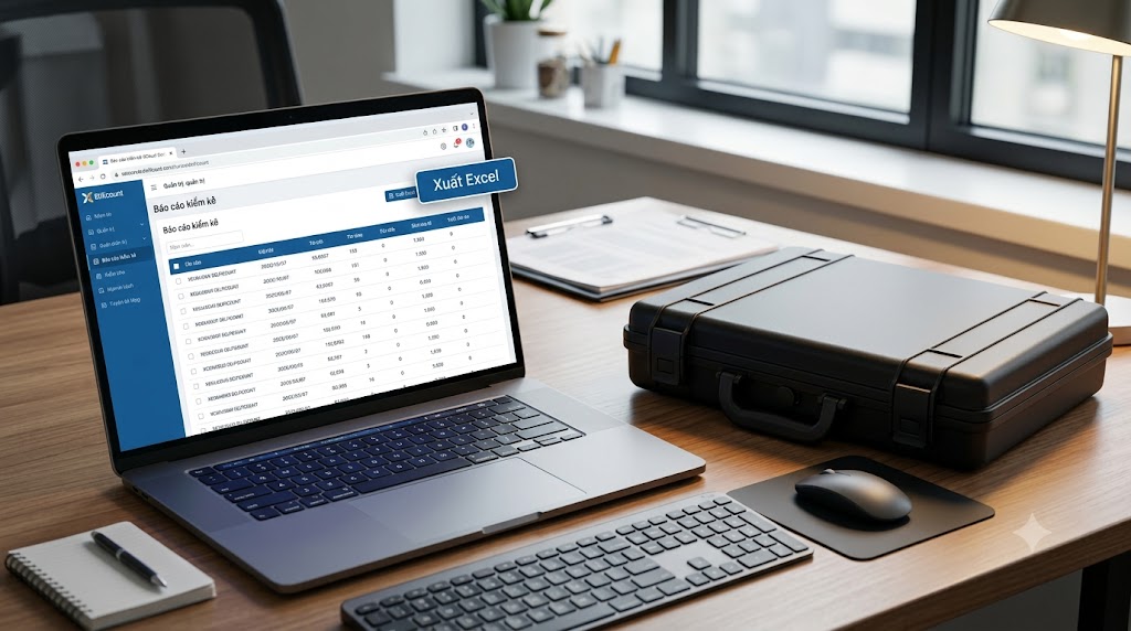 Laptop xuất báo cáo Excel kết quả kiểm kê trước khi trả PDA thuê