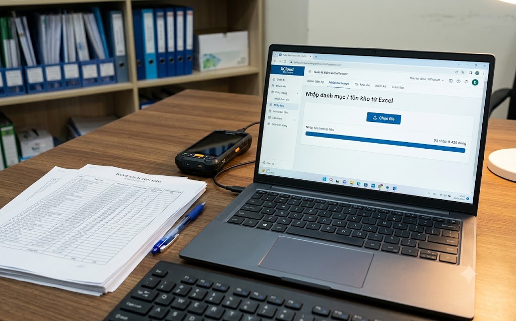 Laptop nhập danh mục và tồn kho từ Excel trước đợt kiểm kê 15 ngày