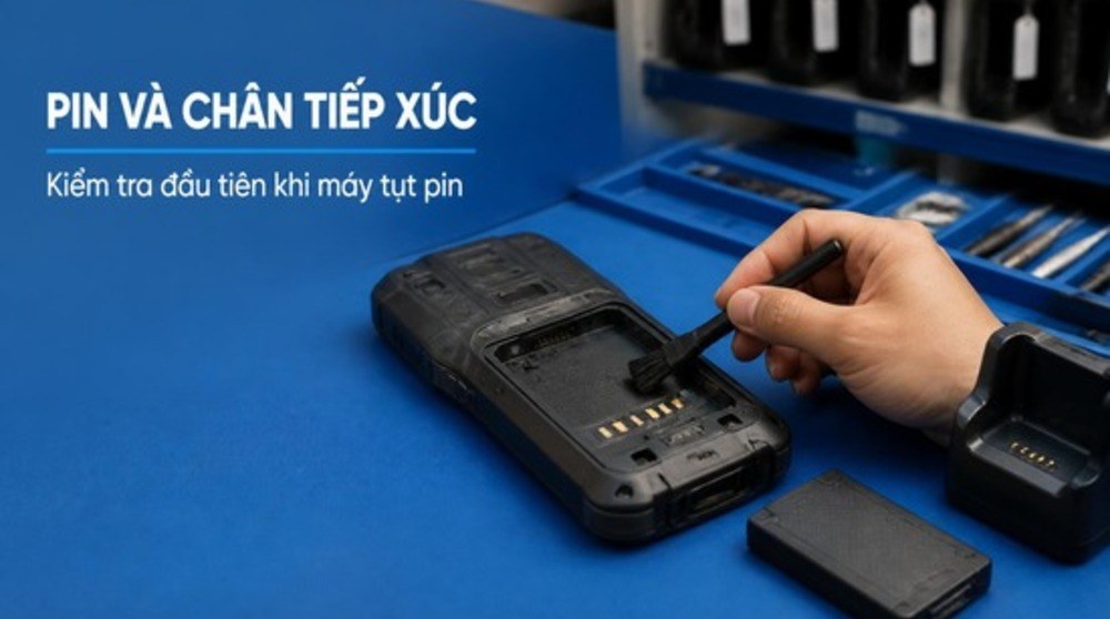 Kiểm tra pin và chân sạc khi sửa máy kiểm kho Hà Nội