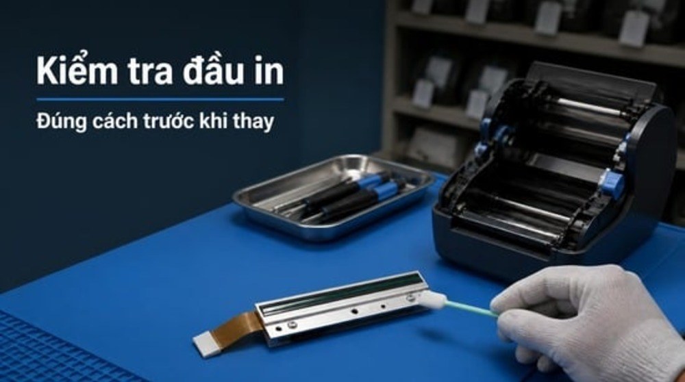 Kỹ thuật viên kiểm tra đầu in nhiệt khi thay đầu in mã vạch tại bàn sửa chữa