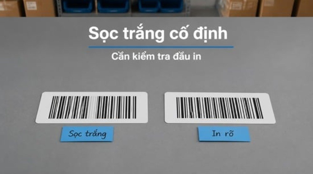 So sánh tem có sọc trắng và tem in rõ khi cần thay đầu in mã vạch