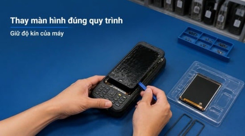 Kỹ thuật viên thay màn hình PDA bị nứt tại bàn sửa chữa thiết bị mã vạch