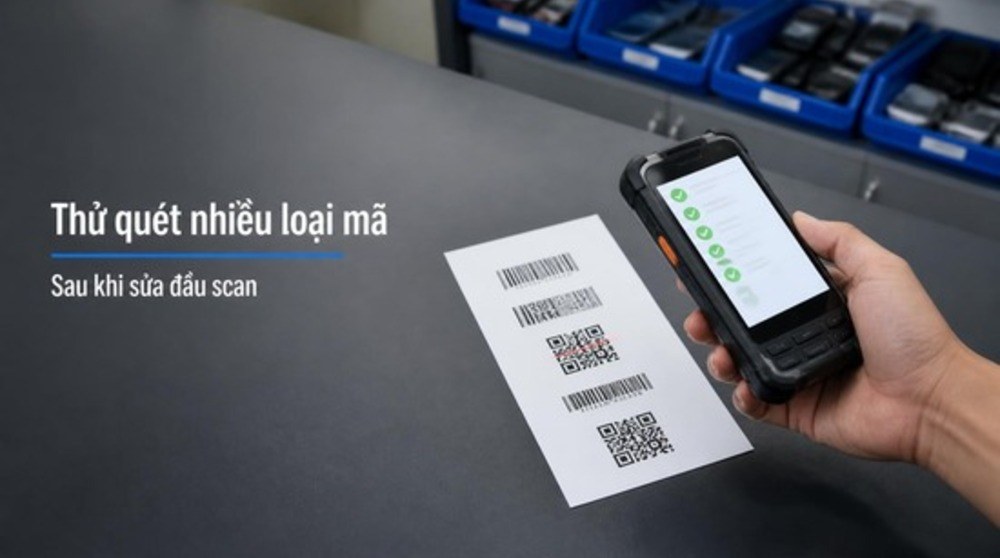 Thử quét nhiều loại mã vạch sau khi sửa đầu scan PDA trước khi trả máy