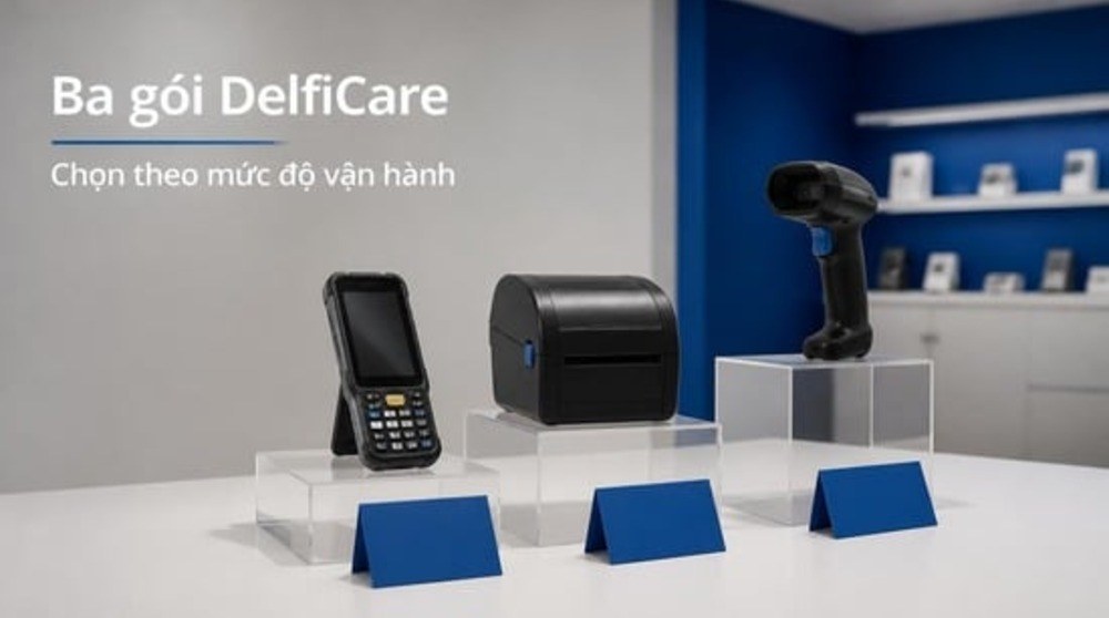 Ba gói DelfiCare Standard, Extended, Premium cho thiết bị mã vạch đặt trên bục trưng bày
