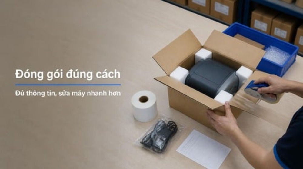 Đóng gói máy in để gửi sửa máy in mã vạch Hà Nội kèm phiếu thông tin lỗi