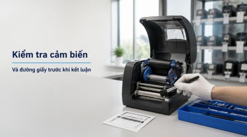 Kỹ thuật viên kiểm tra cảm biến khi sửa máy in mã vạch Đà Nẵng tại văn phòng Delfi
