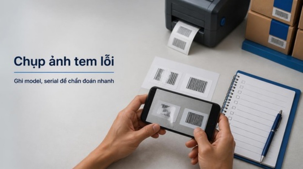 Chụp ảnh tem lỗi để gửi yêu cầu sửa máy in mã vạch Đà Nẵng cho Delfi