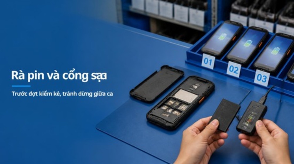 Kỹ thuật viên kiểm tra pin khi sửa máy kiểm kho TPHCM tại bàn sửa chữa Delfi