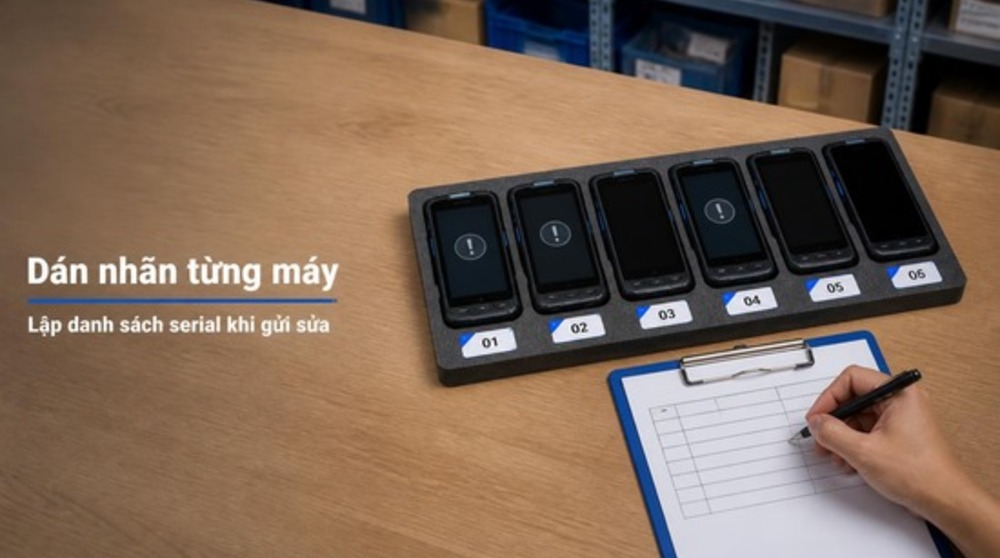Khay máy kiểm kho dán nhãn số serial để gửi sửa máy kiểm kho TPHCM