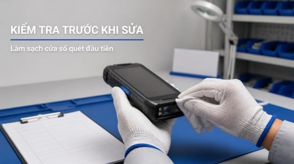 Kỹ thuật viên kiểm tra đầu scan khi sửa máy kiểm kho Đà Nẵng