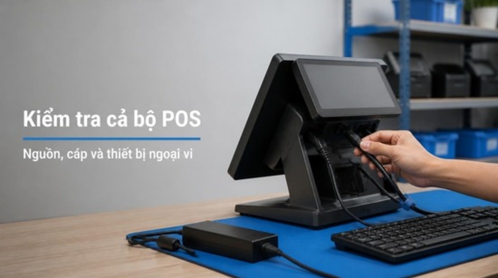 Kỹ thuật viên kiểm tra kết nối khi sửa máy POS TPHCM
