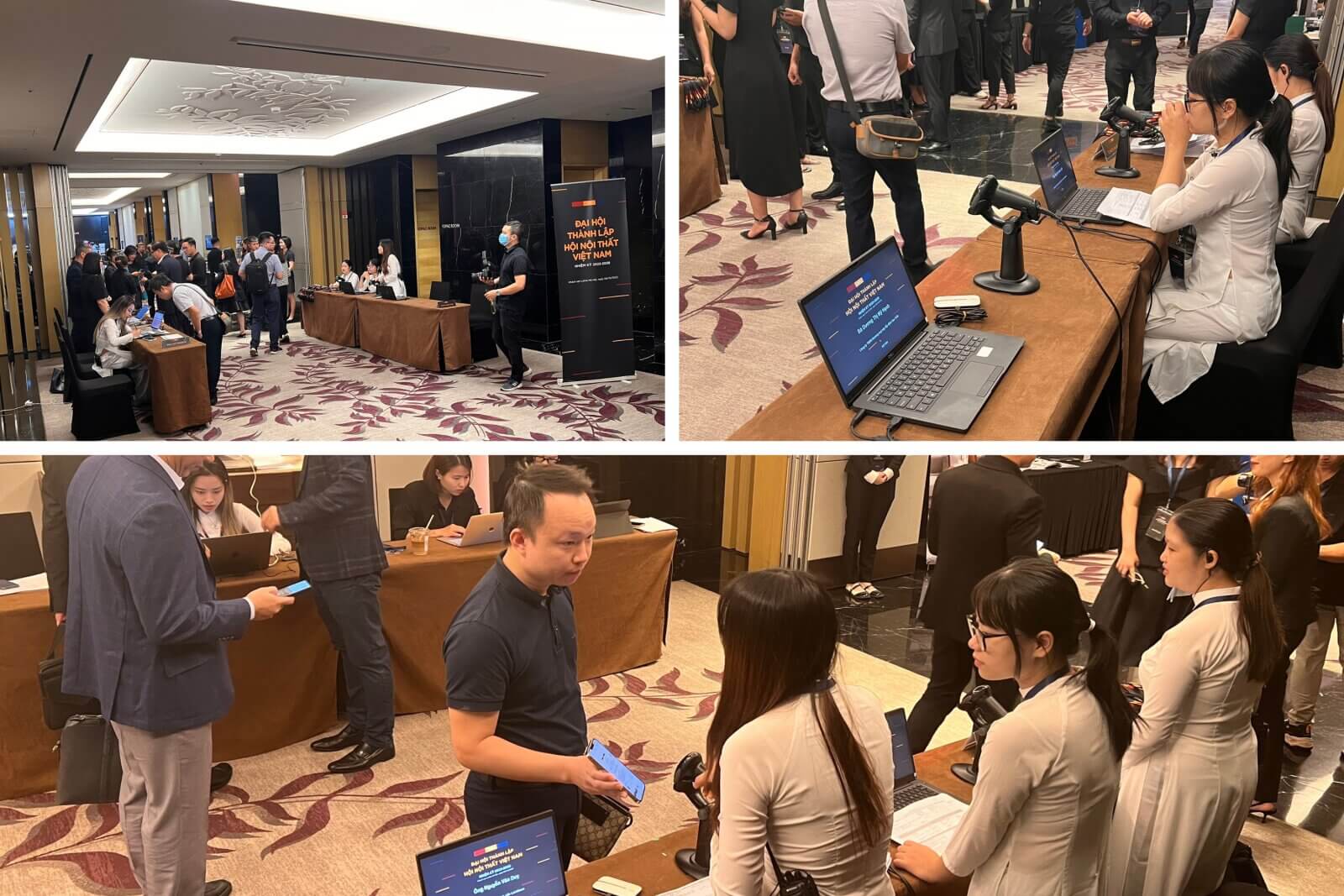 Khách tham dự đang làm thủ tục check-in tại khu vực tiếp đón trong sự kiện.