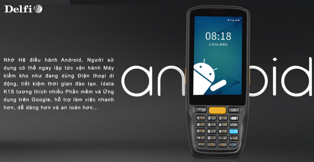 Máy kiểm hàng iData K1S đang hiển thị màn hình Android với các ứng dụng Google của thiết bị