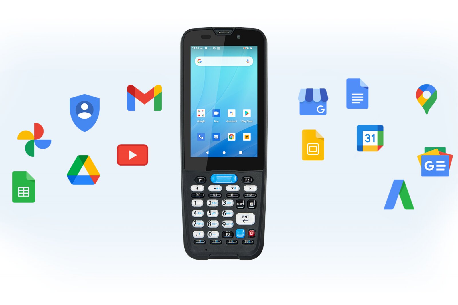 Máy kiểm kho HT330 đang hiển thị các ứng dụng Google trên màn hình chính