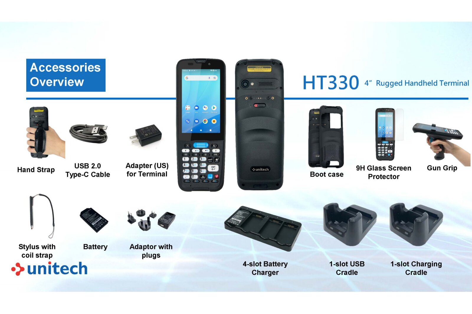 Máy kiểm kho HT330 đang hiển thị đầy đủ phụ kiện và thiết bị đi kèm