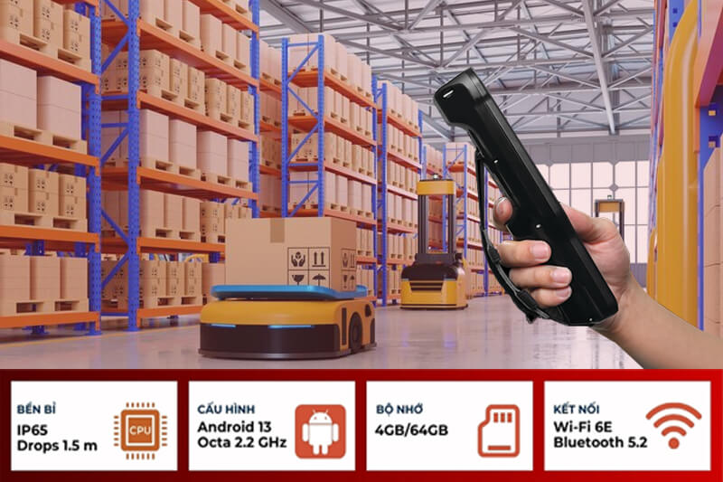 Máy kiểm kho PM352 đang hiển thị hiệu năng xử lý 8 nhân 2.0 GHz, bộ nhớ và kết nối cùng độ bền của thiết bị 
