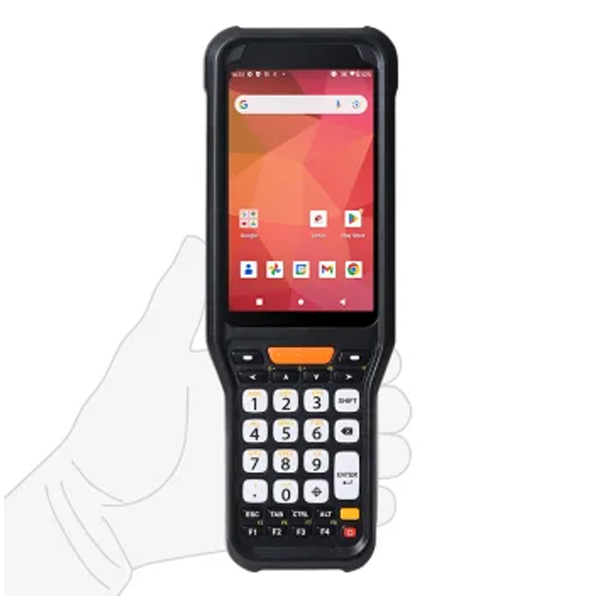 Máy kiểm kho PM352 đang hiển thị màn hình cảm ứng 4.0 inch và thiết kế sử dụng một tay trên thiết bị. 