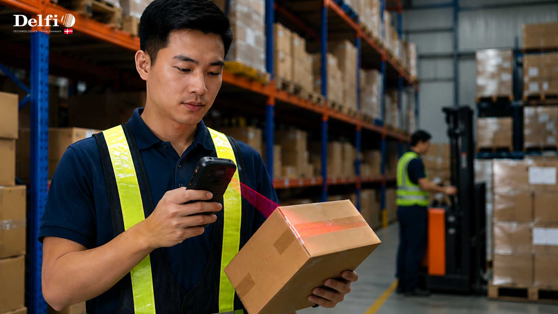 Nhân viên đang dùng máy kiểm kho PM84 quét mã vạch