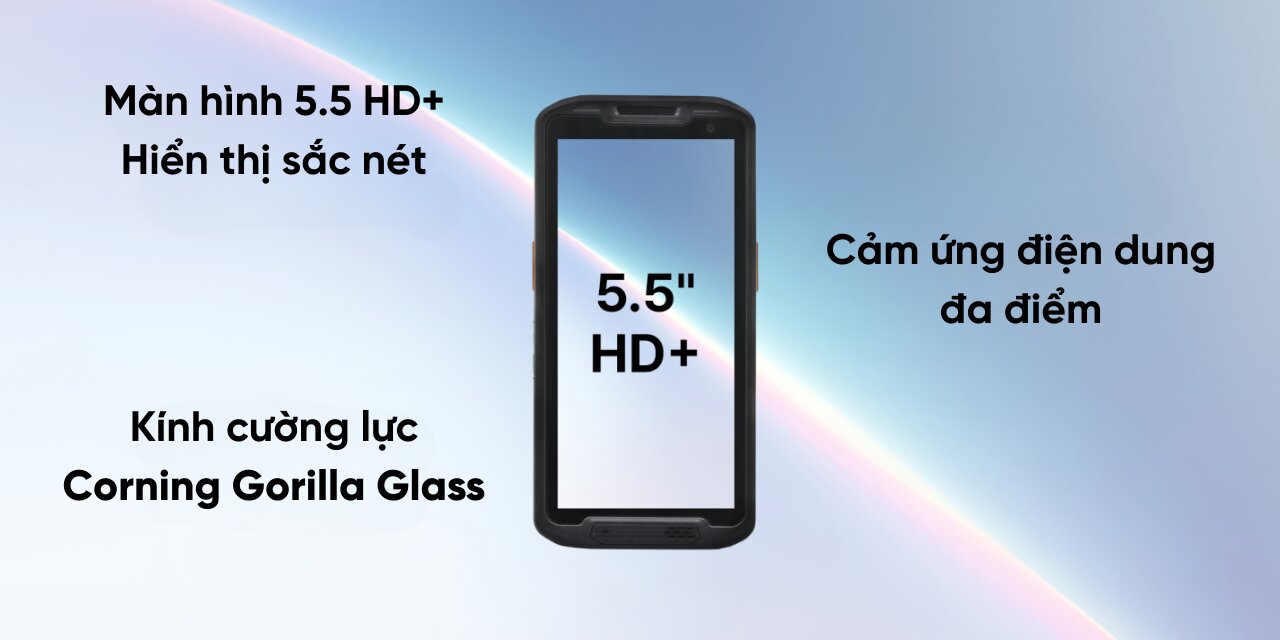 Máy kiểm kho PM84 sở hữu màn hình 5.5 HD+ cảm ứng điện dung đa điểm, hiển thị sắc nét và kính cường lực bảo vệ.