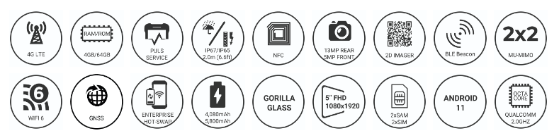 Máy kiểm kho PM86 tích hợp nhiều tính năng kết nối như WiFi 6, IP67, Android 11 và công nghệ quản lý kho hiện đại 