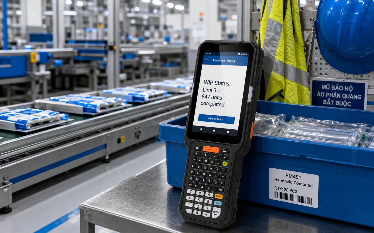 Máy PDA Point Mobile PM451 đang quản lý sản xuất và kiểm tra WIP Line 3 - 847 units completed tại nhà máy
