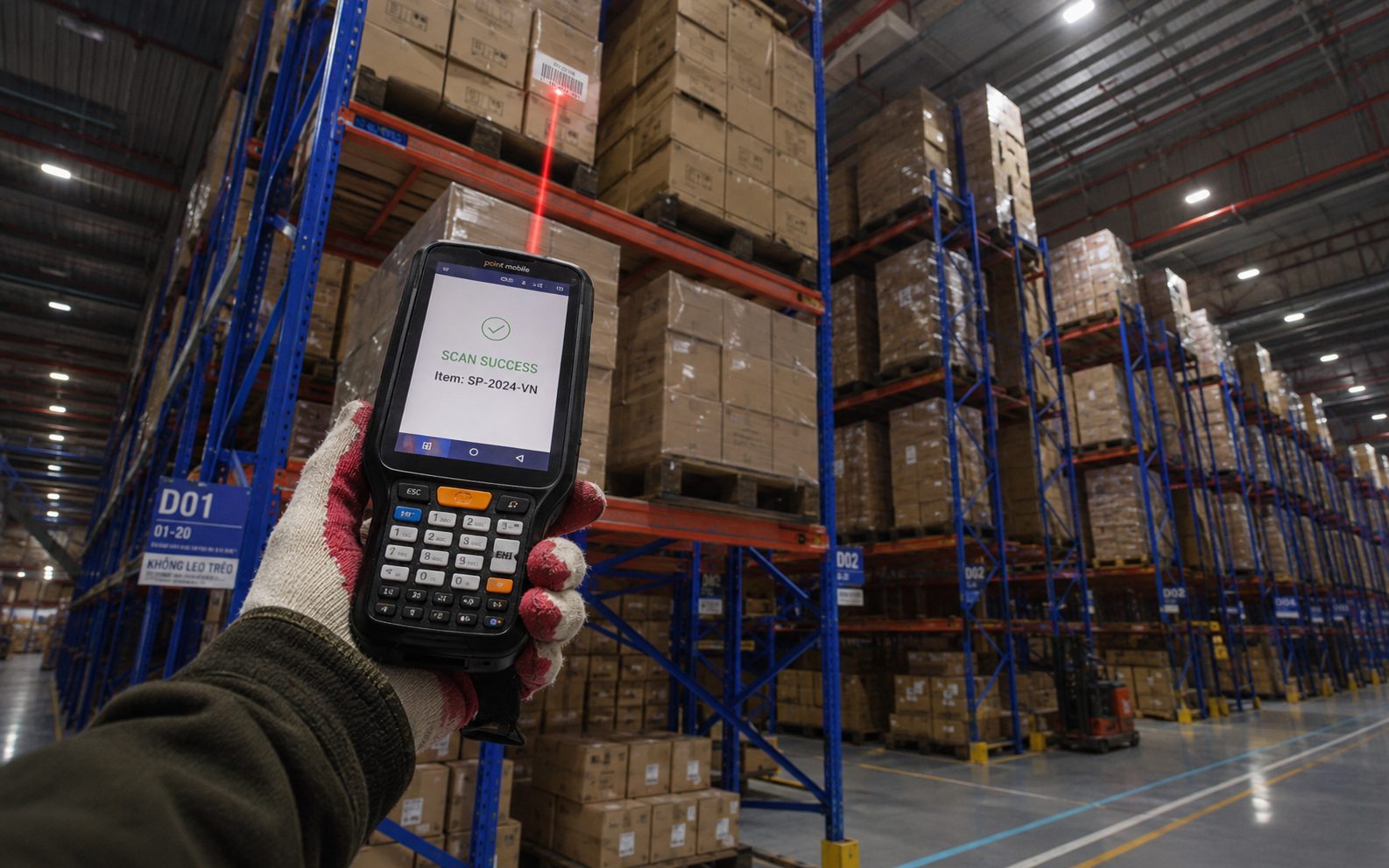 Nhân viên kho đang dùng máy PDA Point Mobile PM451 quét mã vạch SP-2024-VN trên kệ cao kho hàng logistics