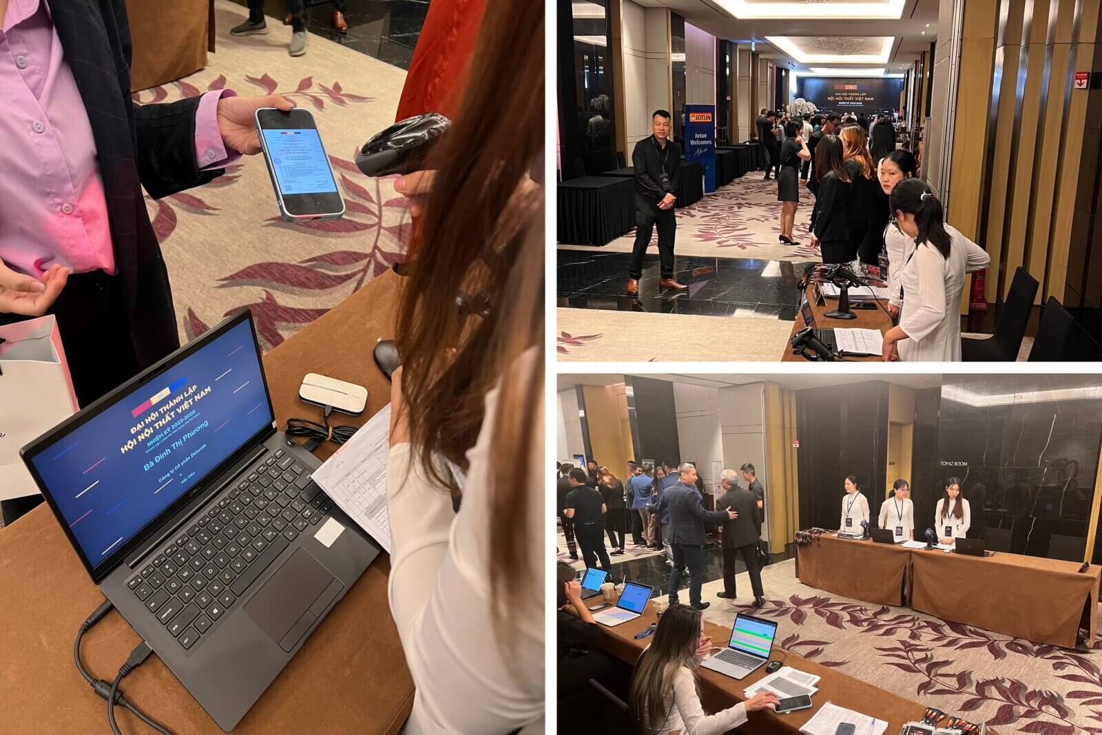 Nhân viên đang tiếp đón và hỗ trợ khách tham dự check-in tại khu vực đăng ký sự kiện