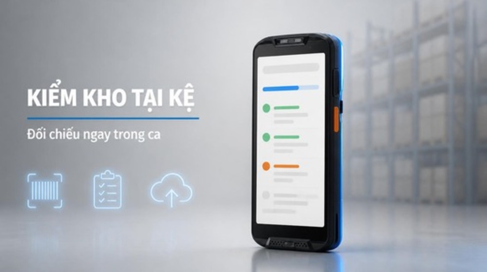 Phần mềm kiểm kho trên PDA hiển thị phiếu kiểm và số lượng đã quét
