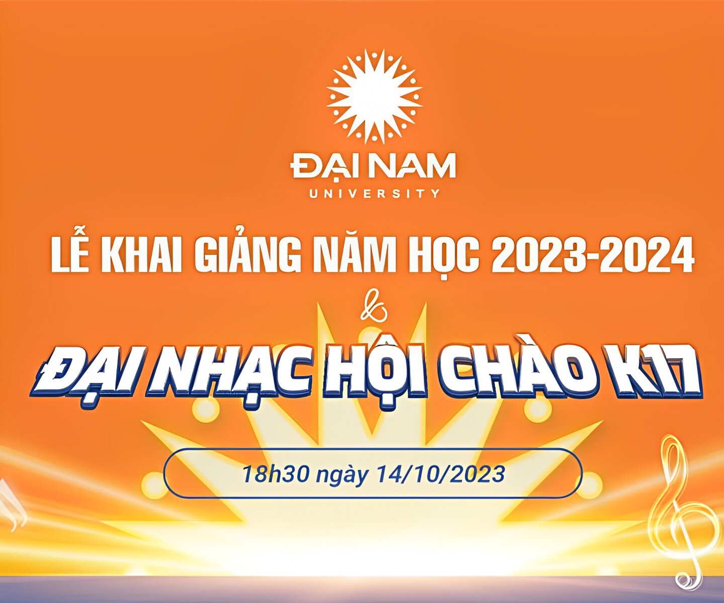 Poster lễ khai giảng năm học 2023–2024 của Đại học Đại Nam đang hiển thị thông tin chương trình