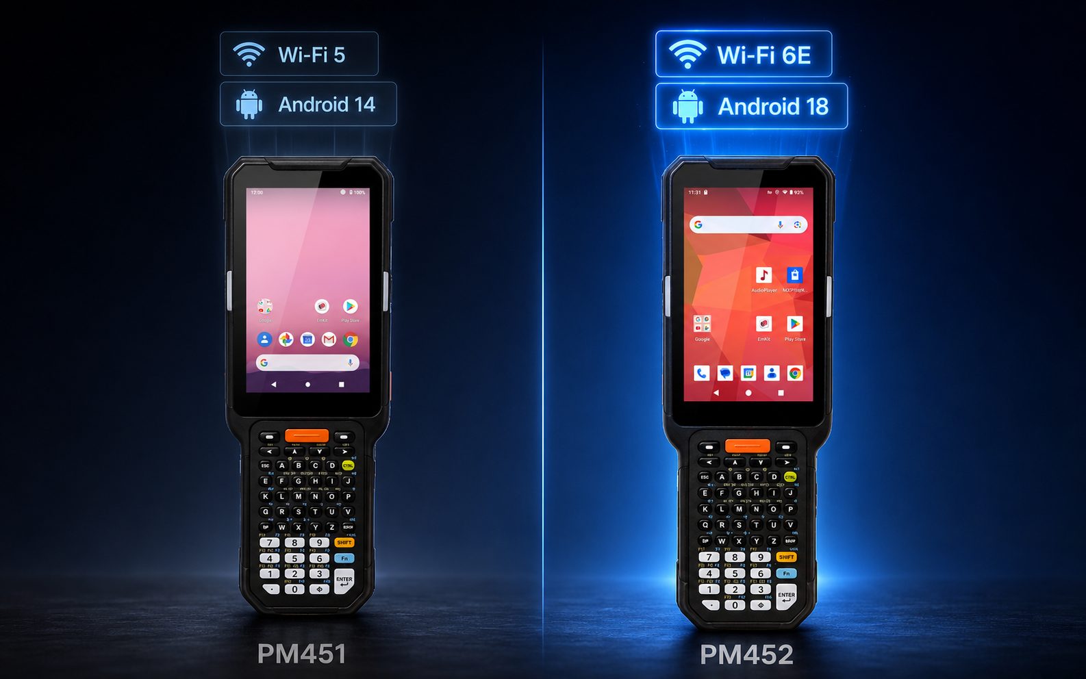 So sánh máy PDA Point Mobile PM451 và PM452 - Wi-Fi 5/Android 14 và Wi-Fi 6E/Android 18 thế hệ mới
