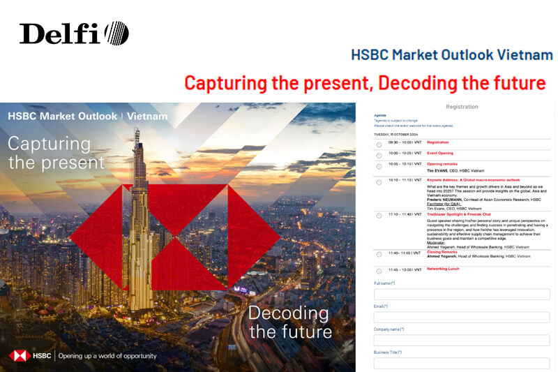 Trang landing page sự kiện HSBC Marketing Outlook Event đang hiển thị form đăng ký và kết nối hệ thống check-in sự kiện