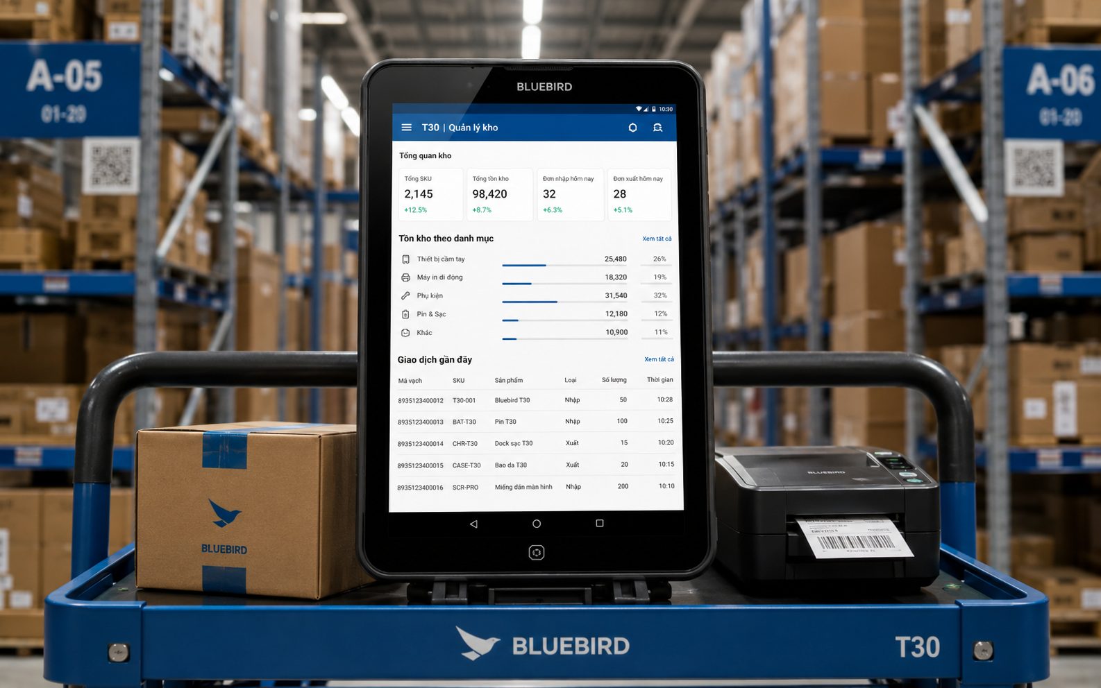 Tablet công nghiệp Bluebird T30 quản lý kho WMS logistics với máy in nhãn trong kho hàng