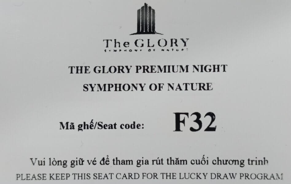 Thẻ ghế F32 đang hiển thị số ghế và khu vực chỗ ngồi tại sự kiện The glory Premium