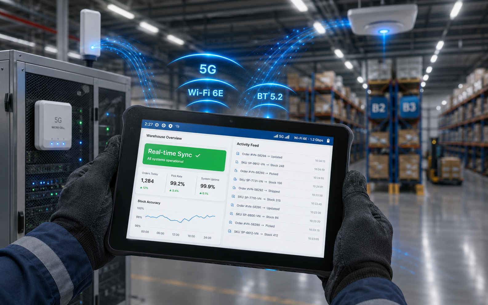 Máy tính bảng Unitech RT112 đang kết nối 5G và Wi-Fi 6E đồng bộ dữ liệu kho real-time